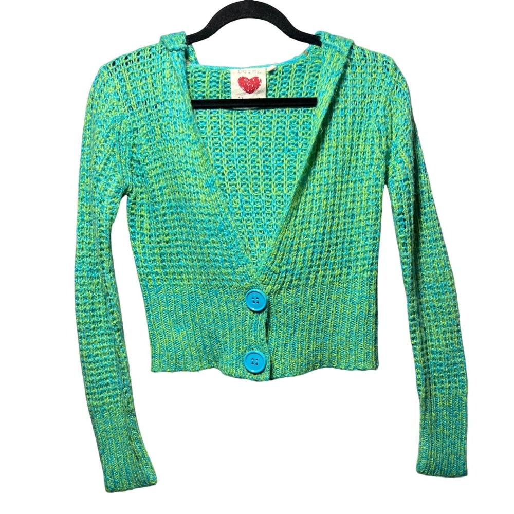 Derek Heart Teal Lime Green Marled Knit Hooded Cropped Cardigan Sweater Medium